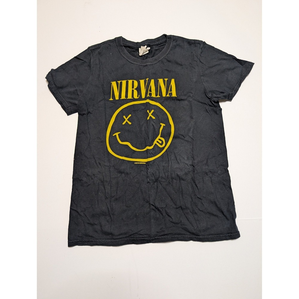 Nirvana Smiley Face‎ Graphic T-Shirt Black Yellow Gildan Softstyle Womens Small